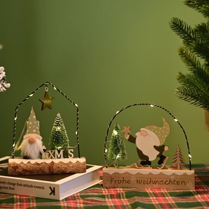 Detail of wooden Christmas ornaments with warm LED lights and plush gnomes decorations