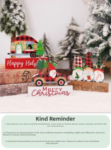 Detailed view of Christmas wooden gnome figurines with plaid car decor on a festive table