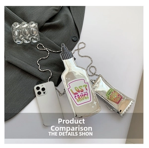 Silver mirror crossbody bag set with sauce bottle design and beaded metal chain