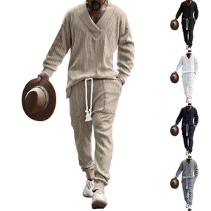 Herren Casual V-Ausschnitt Zopfmuster Top And Bottom Set Langarm Jacquard Pullover Und Hosen Herbst Mode Outfit