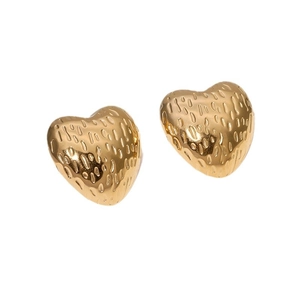 Golden heart-shaped stainless steel stud earrings with textured water ripple surface