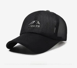 Side view of breathable black mesh baseball cap with mountain sports embroidery detail