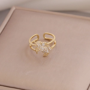 Exquisite gold unicorn open ring with micro-set zircon crystals and double-layer band