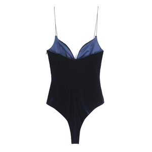 Navy blue velvet bodysuit for women featuring a deep V-neck and delicate spaghetti straps