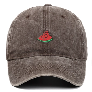 Detailed view of vintage washed cotton baseball cap with watermelon slice embroidery