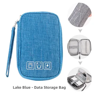 Detail view of water-resistant light blue tech organizer with interior mesh pockets