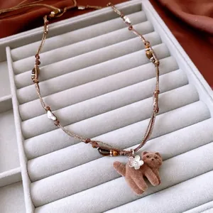 Collier Pull Long Rétro En Perles Oeil De Tigre Avec Pendentif Chat Floconné Détail Fleur En Alliage Pour Femme Corde