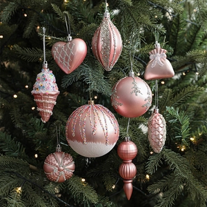 Pink Christmas Tree Ornaments Plastic Electroplated Glitter Hanging Baubles Holiday Festive Party Decoration Mixed Shapes