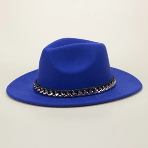 Detailed view of a royal blue wool felt fedora hat with a stylish silver chain and braided band