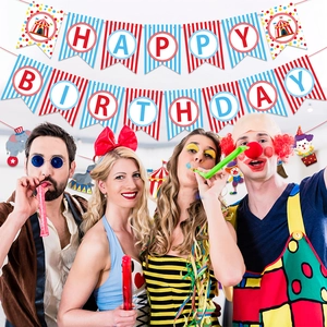 Amusement park circus theme happy birthday banner decoration with circus performers