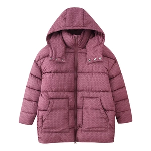 Doudoune longue à capuche pour femme, imprimé géométrique violet et grandes poches