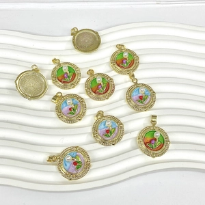 Round Tulip Flower Pendant Vintage Monet Oil Painting Style Copper 18K Gold Plated With Imitation Artificial Pearl Enamel Jewelry