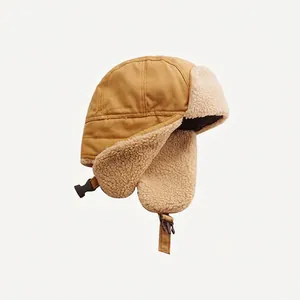 Winter khaki trapper hat with warm faux shearling lining and adjustable chin strap
