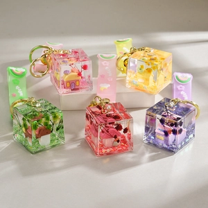 Cute Clear Acrylic Liquid Keychain With Miniature House Dried Flowers Silicone Wish Strap Bell For Bag Car Accessories