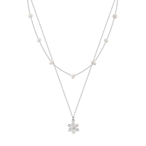 Silver double-layer necklace with white pearls and refined flower pendant on white background