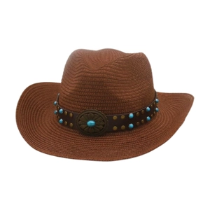 Brown woven western cowboy hat with turquoise beads and vintage metal buckle
