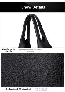 Close-up of black litchi grain leather texture and durable handles on a tote bag