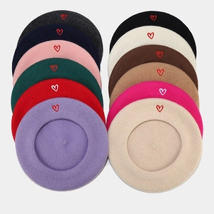 Classic wool beret collection for women with elegant heart embroidery in twelve colors