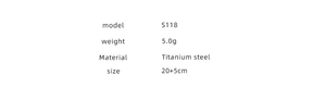 Specifications chart for titanium steel anklet listing model S118 weight 5.0g size 20+5cm