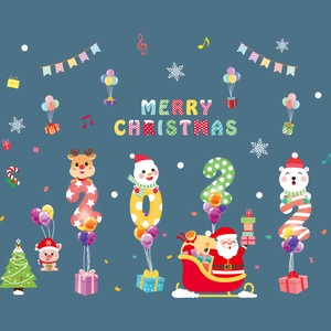Cartoon Merry Christmas 2023 wall stickers with Santa, reindeer and snowman on blue background
