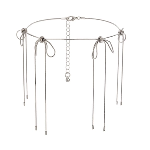 Detailed silver metallic choker featuring five hanging bow tassels and adjustable clasp