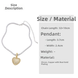 Detail showing gold heart pendant size 3.7x2.4cm and 32+10cm chain length measurements