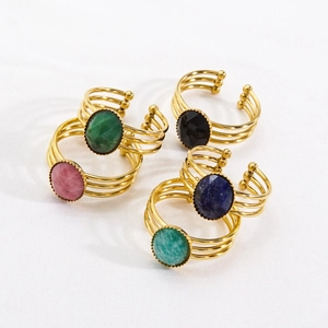Bague Ajustable Vintage En Pierre Naturelle Ovale Acier Inoxydable Plaque Or Anneau Triple Rang Bijoux Pour Femme