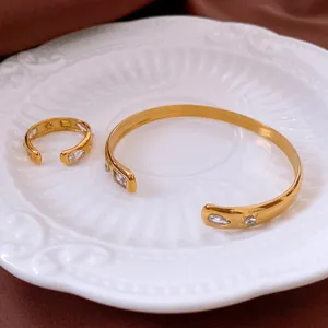 Minimalist gold stainless steel jewelry set with teardrop zircon ring and open bangle