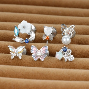 Lot de 6 clous d'oreilles en acier inoxydable avec papillons, fleurs et perles