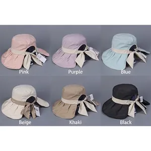 UV protection wide brim sun hat for women in six colors with back bow detail
