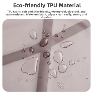 Detail showing waterproof eco-friendly TPU fabric with water droplets on violet apron