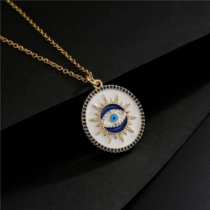 Evil Eye Pendant Necklace Gold Plated Copper Blue White Zirconia Micro Pave Round Jewelry For Women