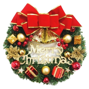 30cm Christmas wreath with Merry Christmas sign, red bows, and golden bells decoration