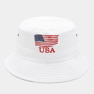 White cotton bucket hat with American flag embroidery and USA logo for outdoor sun protection