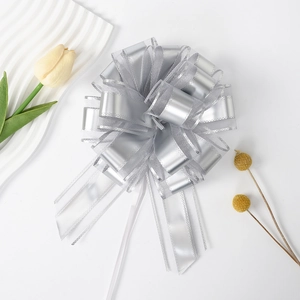 Silver metallic pull bow for gift wrapping with sheer stripe texture and full sphere shape