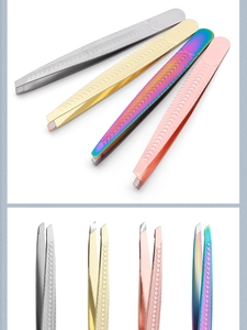Detail of four colorful stainless steel tweezers with anti-slip fish-scale texture and slanted tips