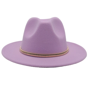 Detail of light purple felt fedora hat featuring a stylish gold metal trim band