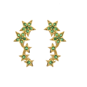 Curved gold star stud earrings with pave-set green cubic zirconia crystals