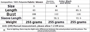 Detailed size chart for the black and white embroidered blouse showing garment measurements