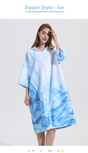 Detail of hooded beach robe with front zipper and blue wave print patterns