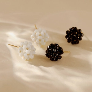 French style spherical beaded earrings in black and white with 18K gold plated studs