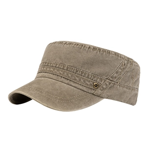 Men's washed cotton flat top military hat in vintage brown with retro metal rivets