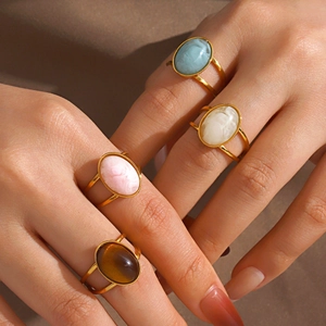Oval Resin Stone Ring Stainless Steel Double Band Hollow Geometric Retro Fashion Jewelry For Women