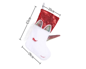 Detailed size chart showing a 43cm tall unicorn plush Christmas stocking ornament