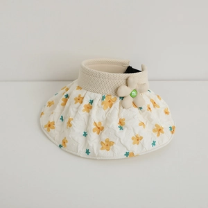 Detail of girls' sun hat featuring yellow floral pattern and 'm' letter floral ornament