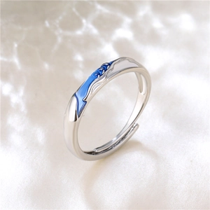 Silver open ring with blue enamel wave and mermaid fishtail design for men and women