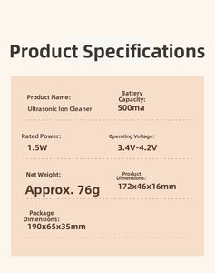 Technical specifications of the ultrasonic skin scrubber with battery and size details