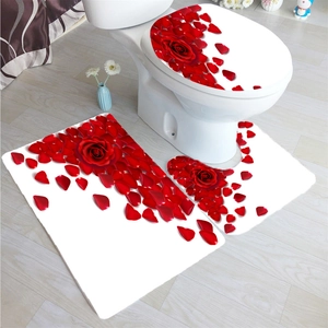 3-piece bathroom rug set with red rose print including bath mat, U-shape mat, and lid cover
