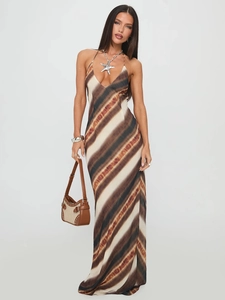Sexy Halter Maxi Dress For Women Backless Tie Dye Deep V Neck High Waist Sleeveless Summer Vacation Satiny Polyester