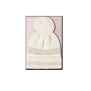 Winter white ribbed knit beanie with fluffy pompom and elegant gold stripe details